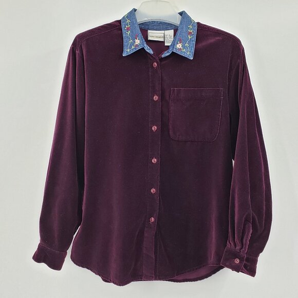 Vtg Napa Valley Velvet Button Up Shirt Sz L Plum Purple Embroidered Denim Collar - Picture 1 of 8
